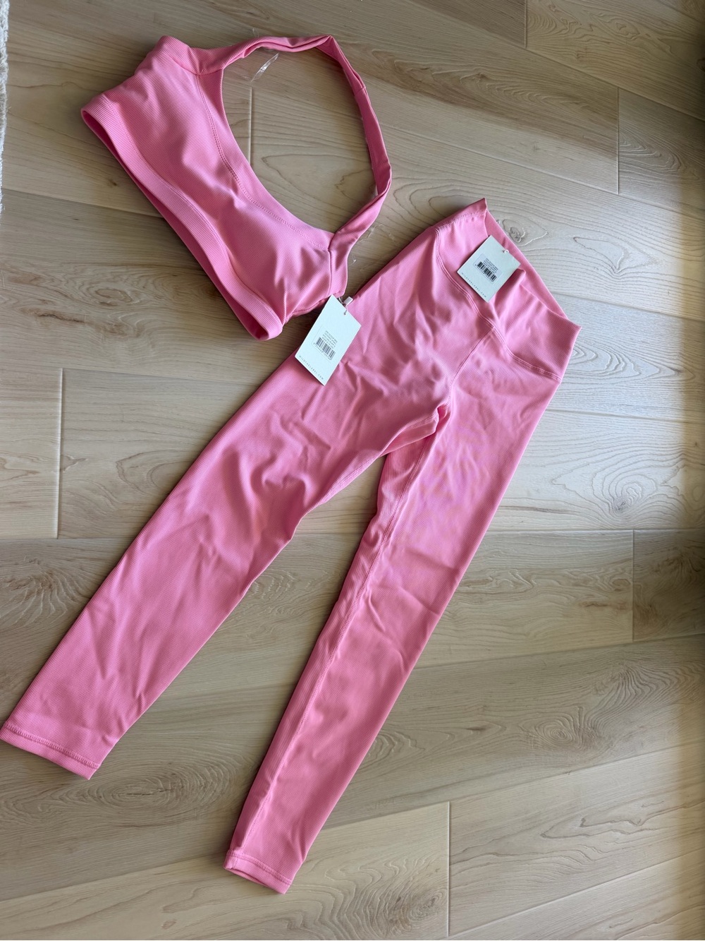 Women’s Wilo Pink Ribbed Active Leggings and Halter Sports Bra Set - Small